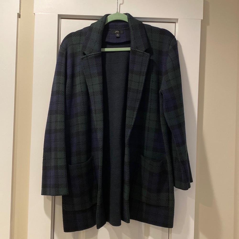 J Crew Women’s Knit Sweater Blazer, navy/green tartan plaid, size M